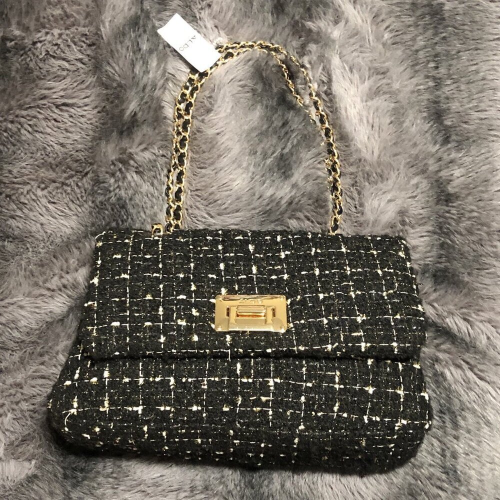 ALDO NWT ($85) Mini Black Tweed Greenwood Crossbody Bag & Adjustable Chain Strap